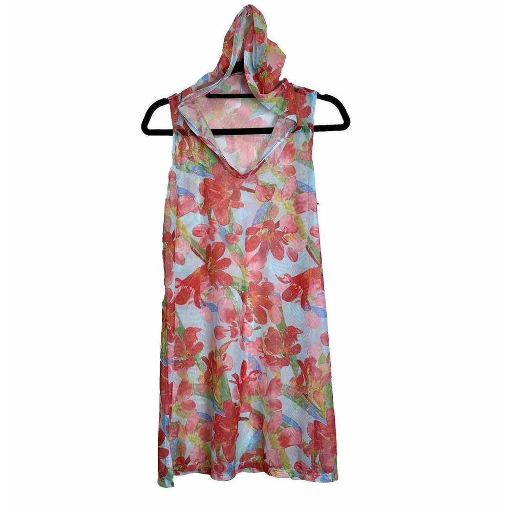 Athena Women's Sheer Mesh Swimwear Cover-Up Dress Size‎ Medium Floral Hooded Top